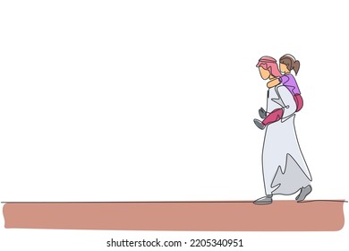 One single line drawing of young Arabian dad talking while piggyback carry her daughter at park vector illustration. Happy Islamic muslim family parenting concept. Modern continuous line draw design