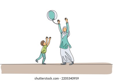 One single line drawing of young Arabian mother playing with her son ball throwing together vector illustration. Happy Islamic muslim family parenting concept. Modern continuous line draw design