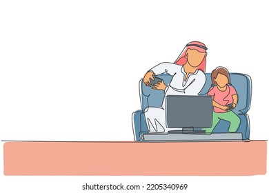 One single line drawing of young Islamic dad playing video game with daughter while sit on sofa vector illustration. Happy Arabian muslim family parenting concept. Modern continuous line draw design