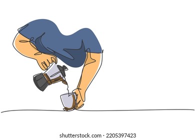 One single line drawing of young happy barista pouring hot coffee milk from coffeepot to cup above the table at cafe. Cafe drink concept. Dynamic continuous line draw vector design illustration