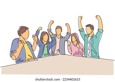 One single line drawing of young happy business man and business woman celebrating their success achieve the business target. Team work goal concept continuous line draw design vector illustration