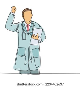 One single line drawing of young happy male doctor bringing medical paper on clipboard and celebrating his success to cure the patient. Medical health care concept continuous line draw illustration