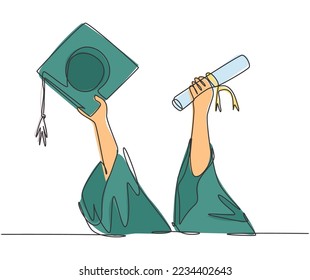 One single line drawing of young happy graduate college students lift up a graduation letter paper roll and cap. Graduate from school concept continuous line draw graphic design vector illustration