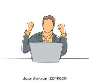 Eine einzige Zeichnung von jungen glücklichen Geschäftsleuten, die auf Stuhl und offenem Laptop sitzen, um einen Geschäftsvertrag zu lesen. Business-Deal-Konzept für kontinuierliche Zeilenentwürfe, Vektorgrafik