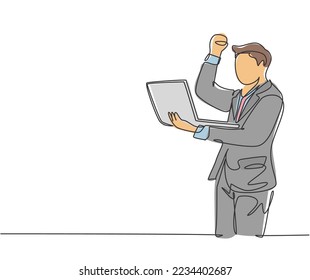 One single line drawing of young happy CEO holding a laptop to read business contract agreement. Business deal successful celebration concept. Continuous line draw graphic design vector illustration