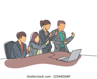 One single line drawing of young happy business man and business woman celebrate their success to deal a new business contract. Business meeting concept continuous line draw design vector illustration