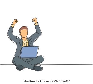 One single line drawing of young happy male manager sitting on floor and clenched fist raise in the air while on a laptop. Success business deal concept continuous line draw design vector illustration
