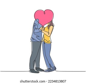One single line drawing of young happy couple man and woman kissing and covered by heart shape balloon celebrating their marriage. Romantic love concept continuous line draw design vector illustration