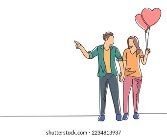 One single line drawing of young happy man and woman couple take a walk together and holding a heart shaped balloon. Romantic marriage love concept continuous line draw design vector illustration