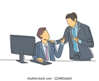 One single line drawing of young manager take a talk to teach new employee about finishing the job during working at office. Work tutor concept continuous line draw design graphic vector illustration