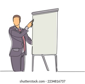One single line drawing of young happy startup founder presenting business proposal to the investors. Business presentation at the office concept continuous line graphic draw design illustration