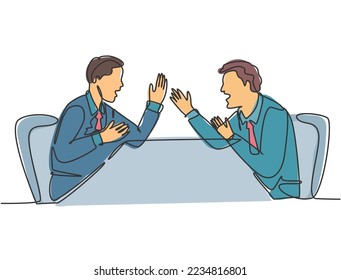 Un simple dibujo de un joven empresario enojado gritando a su socio comercial que grita y luego se culpan mutuamente. Concepto de problema de negocio dibujo de línea continua ilustración vectorial
