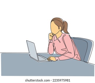 One single line drawing of young female employee sitting in front of the laptop and thinking business solution at the office. Business idea concept continuous line draw design vector illustration