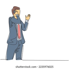 One single line drawing of young male startup CEO walking and holding a smartphone to receive call from his colleague. Business talk concept continuous line draw design vector graphic illustration
