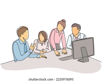 Un dibujo de una sola línea de jóvenes felices hombres y mujeres dueños de negocios hacen conferencia sobre el trabajo junto con el monitor de computadora. Concepto de colaboración empresarial: ilustración de vector de tracción continua