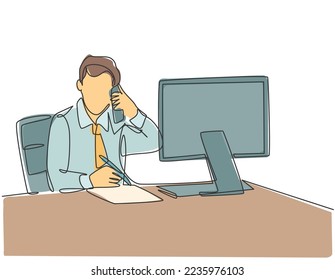 One single line drawing of young startup CEO writing business deal draft on paper and consulting it with his mentor on phone. Business mentoring concept continuous line draw design vector illustration