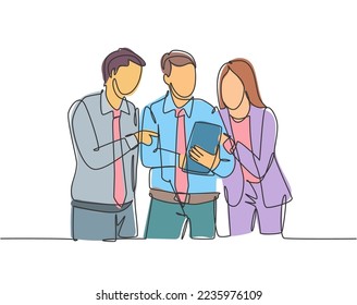 One single line drawing of young happy male and female workers talking about company project together while opening document. Business meeting concept continuous line draw design vector illustration