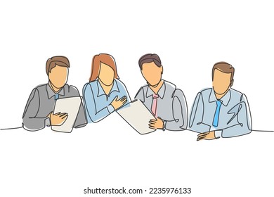 Un dibujo de una sola línea de un joven y moderno miembro de una nueva empresa sentando y hablando juntos un proyecto corporativo en la oficina. Ilustración vectorial de diseño de líneas continuas de reunión de negocios