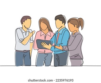 Un dibujo de una sola línea de un joven empresario y una mujer de negocios observando los movimientos del mercado de valores en la pantalla de una tableta en la oficina. Concepto de Stockbroker línea continua dibujo gráfico ilustración ilustración vectorial