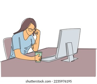 One single line drawing of young female businesswoman sitting and analyzing data chart on computer screen while hold a drink. Business analyze concept continuous line draw design vector illustration
