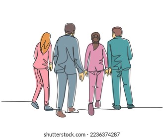One single line drawing of young male startup CEO walking together to the workshop room to present their proposal. Urban commuter workers concept continuous line draw design vector illustration