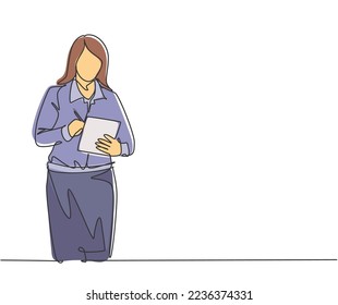 One single line drawing of young pensive female manager standing and thinking business strategy to company. Sales marketing strategy concept. Continuous line draw graphic design vector illustration