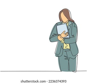 One single line drawing young happy female worker at the office tightly hugging the file she was carrying  Work excellence service concept continuous line draw design vector illustration