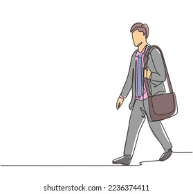 One single line drawing of young male manager walking relax on city street to go to the office while holding document. Urban commuter worker concept continuous line draw design vector illustration