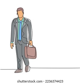 One single line drawing of young male manager walking on town street to go to the office while holding suitcase. Urban commuter worker concept continuous line draw design vector illustration