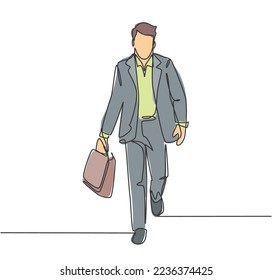 One single line drawing of young male manager walking in hurry at city street try not be late for work meeting at office. Urban commuter worker concept continuous line draw design vector illustration