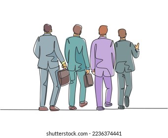 One single line drawing of young male businessmen discussing work while walking together on city street to the office. Urban commuter workers concept continuous line draw design vector illustration
