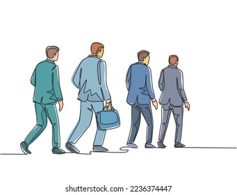 One single line drawing of young male and female employees walking together rushed so as not to be late for work. Urban commuter workers concept continuous line draw design vector graphic illustration