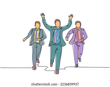 One single line drawing of young male worker rise fist to the air after winning cross the finish line beating his partners. Running competition concept continuous line draw design vector illustration