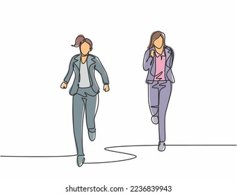 One single line drawing of young female workers try to beat each others at running competition with her friend. business running competition concept continuous line draw design vector illustration