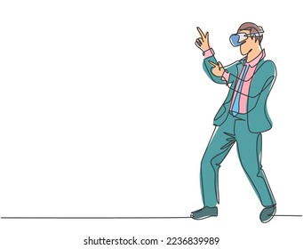 One single line drawing of young happy business man pretending as a cowboy while playing virtual reality game. Smart technology futuristic game concept continuous line draw design vector illustration