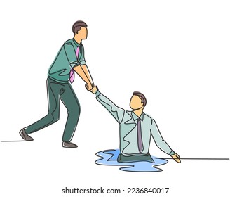 One single line drawing of young energetic businessman helps pull his colleague who falls into the hole to go out. Business teamwork support concept continuous line draw design vector illustration