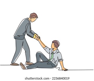 One single line drawing of young happy business man helping his bankrupt partner who lay down on the ground to support to rise up. Teamwork concept continuous line draw design vector illustration