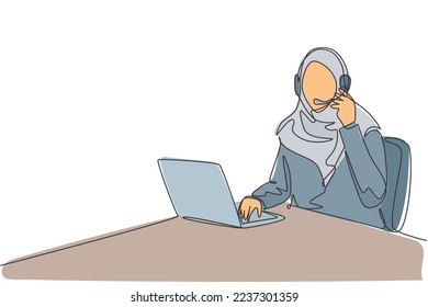 One single line drawing of young friendly Arabian woman on hijab answer customer complain call of broken new product. Call center service care concept continuous line draw design vector illustration