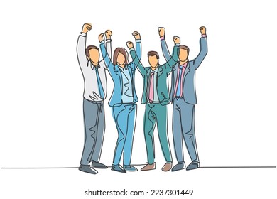 Un solo dibujo de una joven y feliz trabajadora levantó la mano en la oficina juntas. Concepto de celebración del trabajo en equipo de negocios diseño de trazos de línea continua ilustración vectorial