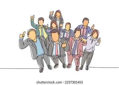 One single line drawing of young happy male and female managers raise their hand into the air and giving thumbs up gesture. Business celebration concept continuous line draw design vector illustration