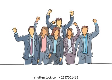 One single line drawing of young happy male and female manager open and raise their hands together. Trendy business teamwork celebration concept continuous line graphic draw design vector illustration