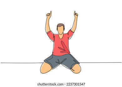 One single line drawing of young football player pointing his fingers to the sky celebrating his goal scoring at field. Match goal celebration concept continuous line draw design vector illustration