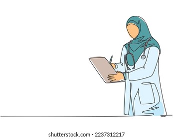 One single line drawing of young Arabian muslimah doctor wearing hijab writing medical report on clipboard at hospital. Medical health care concept continuous line draw design vector illustration