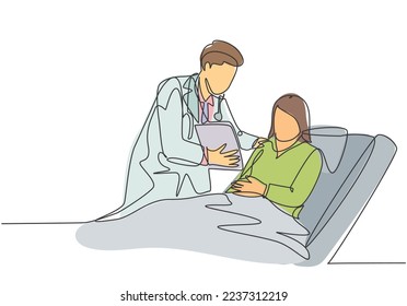 Un dibujo de una sola línea de un joven médico muestra un gran resultado de la historia clínica para el paciente que está acostado en la cama del hospital. Concepto de atención médica de línea continua diseño vector ilustración