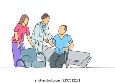 One single line drawing young male doctor helping old patient get to wheelchair from hospital bed  Trendy medical health care service concept continuous line draw design vector graphic illustration