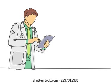 One single line drawing of young male doctor pose standing to read a journal health and medical record on tablet. Medical health care research concept continuous line draw design vector illustration