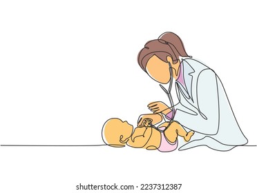 One single line drawing of young female pediatric doctor examining baby health condition and check the heart beat. Medical health care service concept continuous line draw design vector illustration