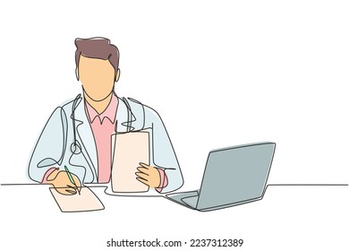 Un dibujo de una sola línea de un joven y feliz doctor escribiendo una receta médica al paciente enfermo en el mostrador del hospital. Concepto de servicio de atención médica de línea continua diseño de trazas vectoriales