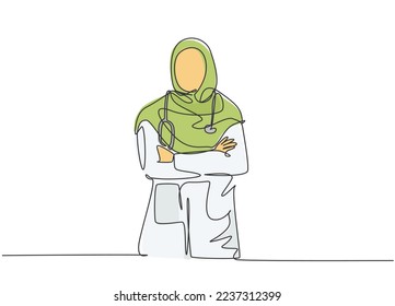One single line drawing young muslimah Arabian doctor pose standing   put the hand cross in front her chest  Medical health care service concept continuous line draw design vector illustration