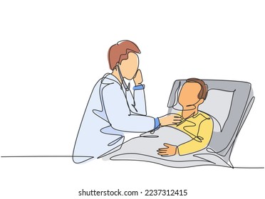 Un dibujo de una sola línea de un joven médico masculino examinando el estado de salud del paciente y revisando su frecuencia de pulso. Concepto de tratamiento de la atención de la salud concepto de diseño de línea continua de dibujo ilustración vectorial